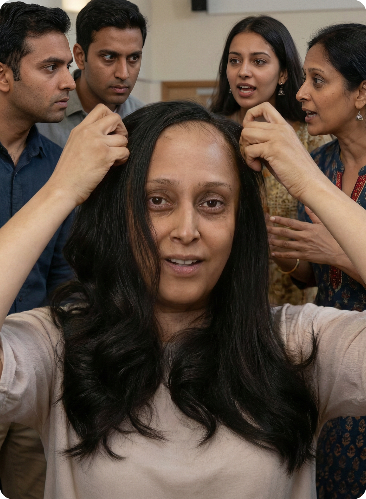 Alchemane stylists fitting a client with her new wig, in-studio