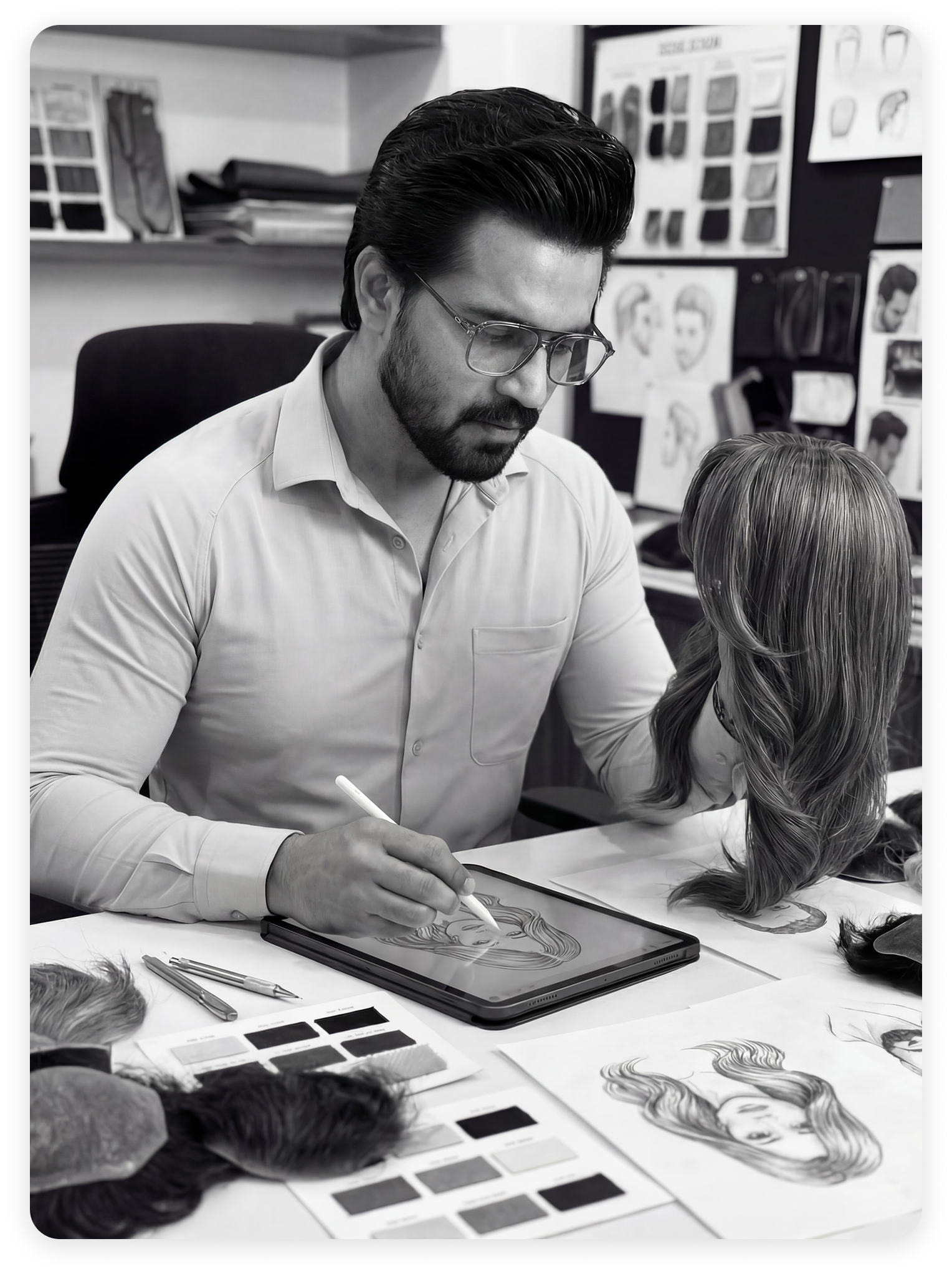 Vinitt sketching a custom wig design at the Alchemane studio